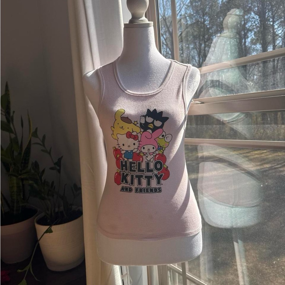 Hello Kitty White Ribbed Graphic Tank with Colorful Character Print